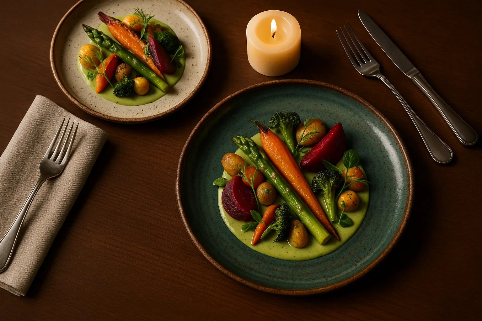 Vaisselle artisanale en grès sur table de restaurant gastronomique