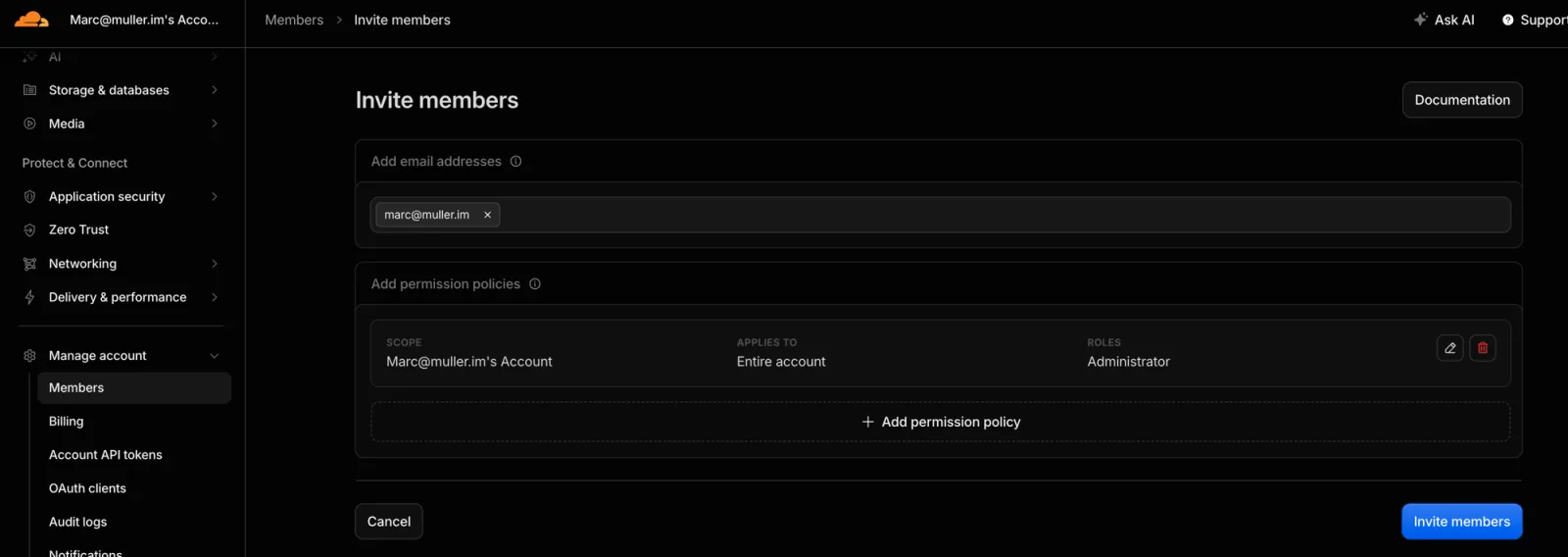 Permission policy summary card: SCOPE the account, APPLIES TO "Entire account", ROLES "Administrator", with "Cancel" and "Invite members" buttons at the bottom.